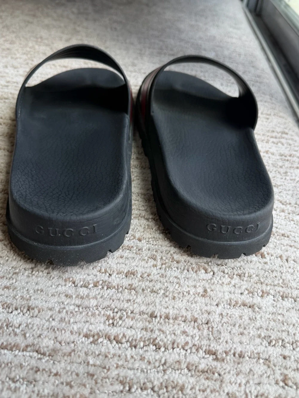 Gucci Black Slides with Green and Red Web Stripes